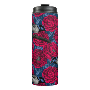 Wrens in the red peonies thermal tumbler