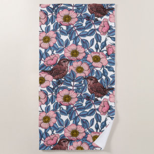 Wrens in the roses beach towel