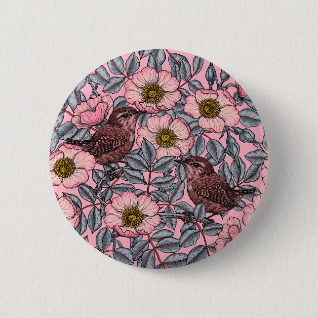 Wrens in the roses button (Front)