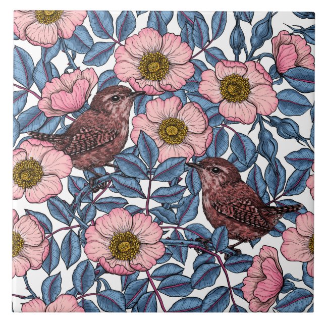 Wrens in the roses ceramic tile (Front)