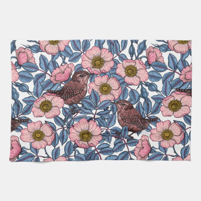 Wrens in the roses kitchen towel (Horizontal)
