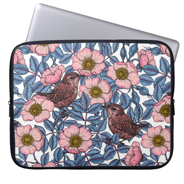 Wrens in the roses laptop sleeve (Front)