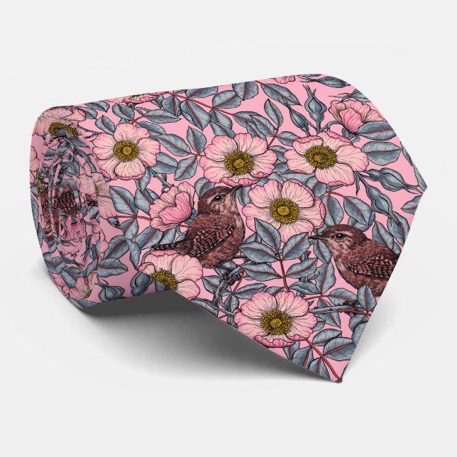 Wrens in the roses neck tie (Rolled)