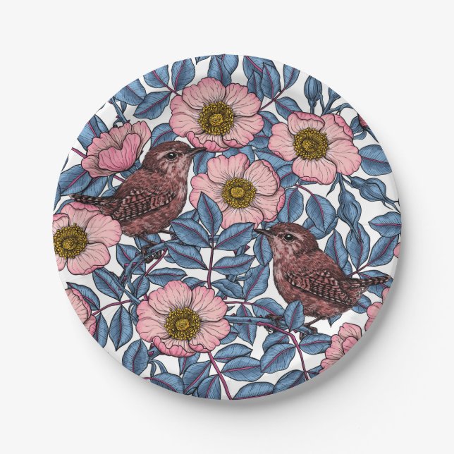 Wrens in the roses paper plates (Front)