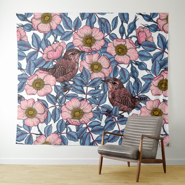 Wrens in the roses tapestry (In Situ (Horizontal))