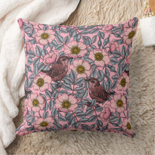 Wrens in the roses throw pillow