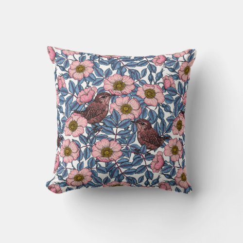Wrens in the roses throw pillow