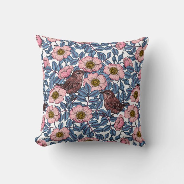 Wrens in the roses throw pillow (Front)