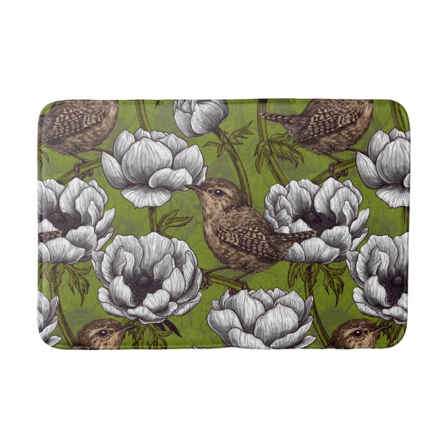 Wrens in the white anemone garden bath mat (Front)