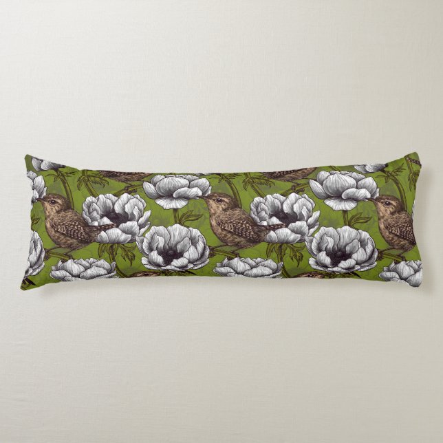 Wrens in the white anemone garden body pillow (Front)