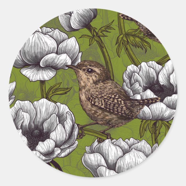 Wrens in the white anemone garden classic round sticker (Front)