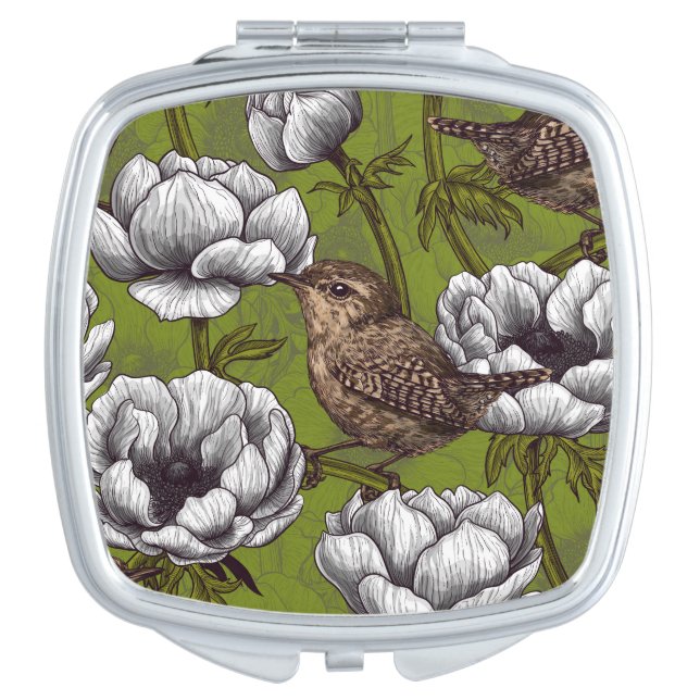 Wrens in the white anemone garden compact mirror (Front)