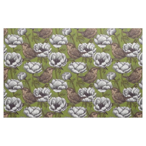 Wrens in the white anemone garden fabric