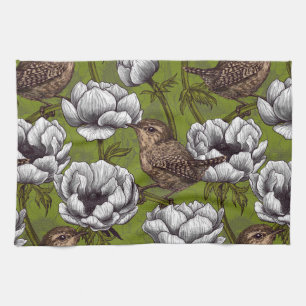 Wrens in the white anemone garden kitchen towel
