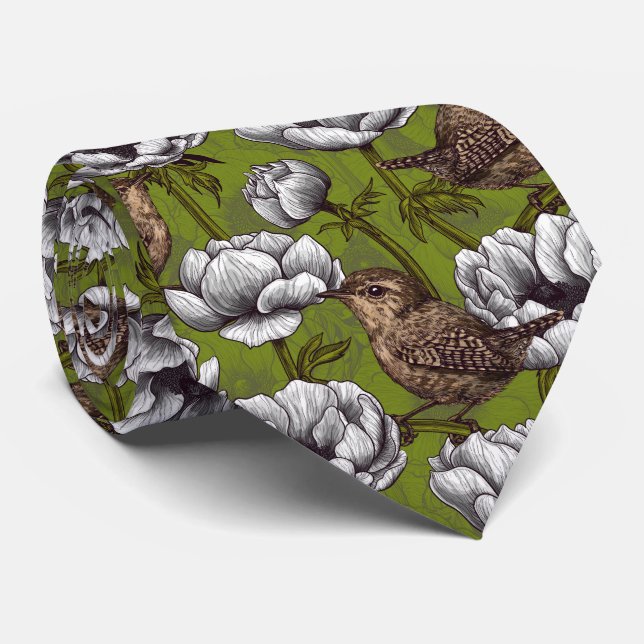 Wrens in the white anemone garden neck tie (Rolled)