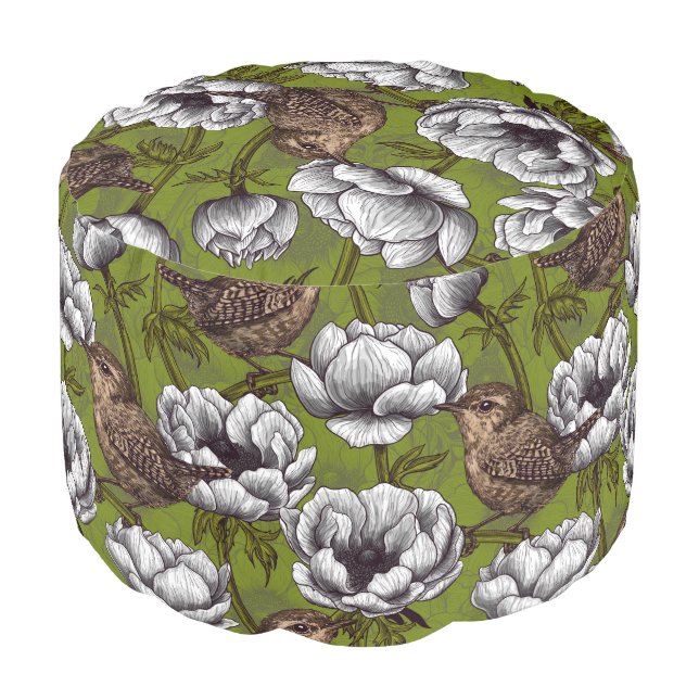 Wrens in the white anemone garden pouf (Angled Front)