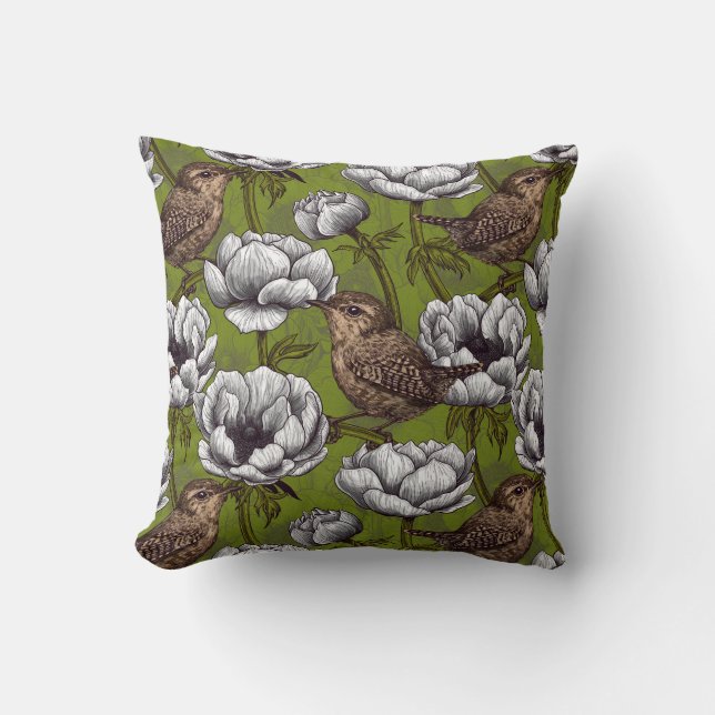 Wrens in the white anemone garden throw pillow (Front)