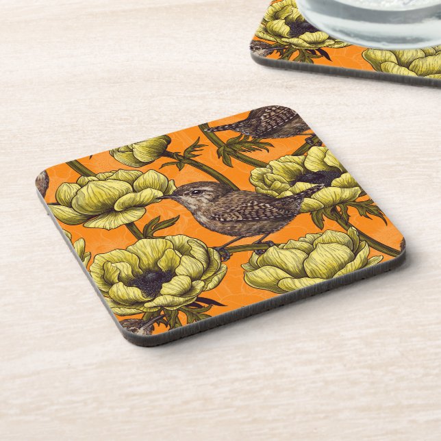 Wrens in the yellow anemone garden beverage coaster (Left Side)