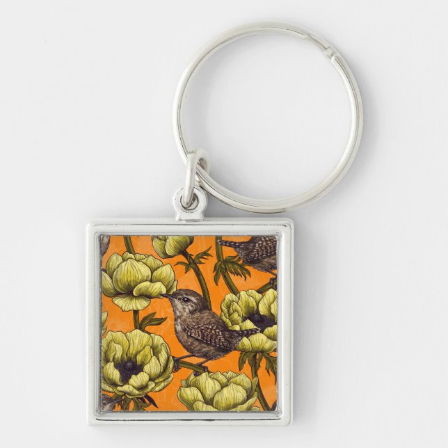 Wrens in the yellow anemone garden keychain (Front)