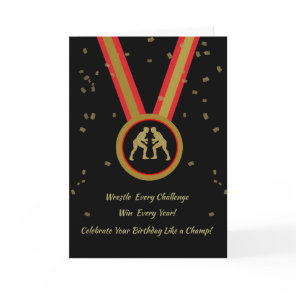 Wrestler Birthday Black Gold and Red Medal Champ Card