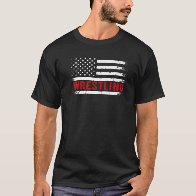 Wrestling American USA Flag Funny Wrestle Men Boy  T-Shirt (Front)
