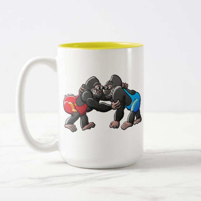 Wrestling Gorillas Two-Tone Coffee Mug (Left)