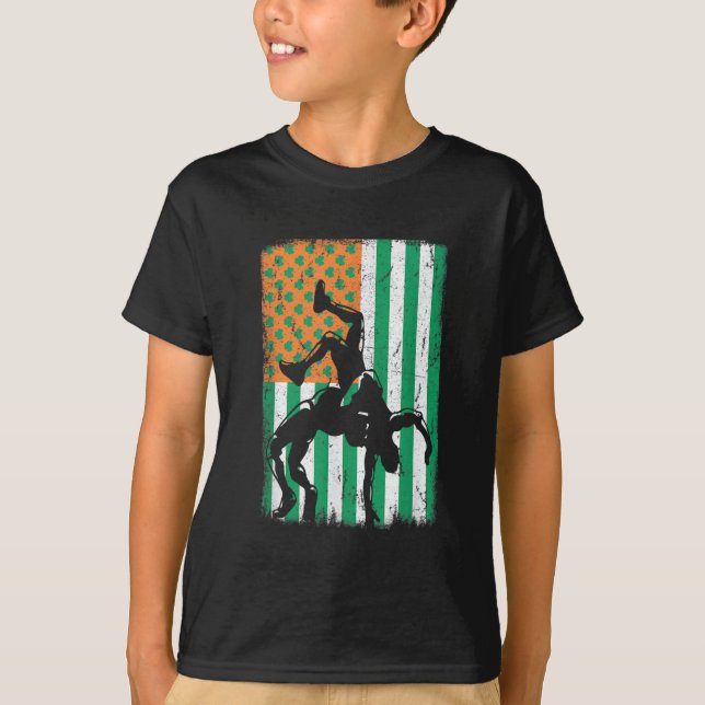 Wrestling Irish USA American Flag St Patrick's Day T-Shirt (Front)