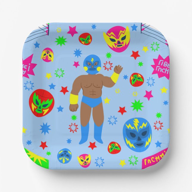 wrestling match lucha libre mask luchador wrestler paper plates (Front)