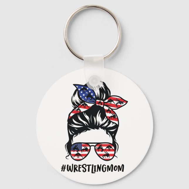 Wrestling Mom Messy Bun America Flag Wrestlers Keychain (Front)