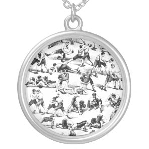 Wrestling Moves Positions Sports Art Silver Plated Necklace
