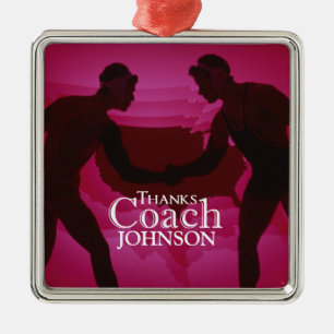 Wrestling Thanks Coach Silhouette Red Metal Ornament