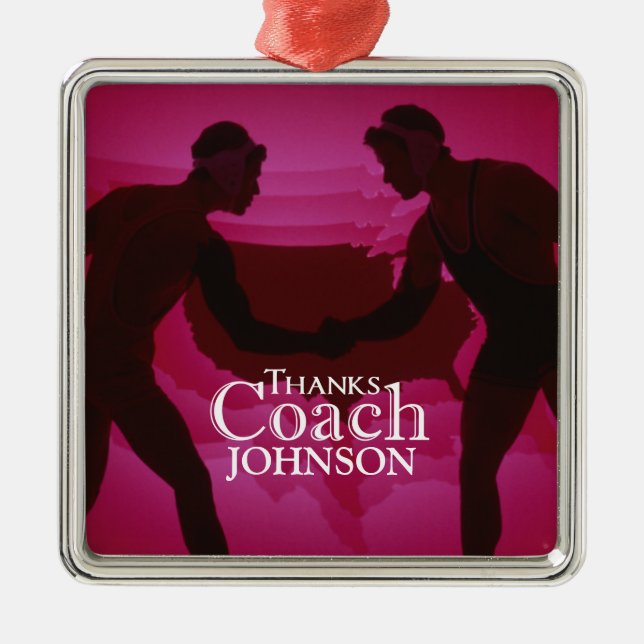 Wrestling Thanks Coach Silhouette Red Metal Ornament (Front)