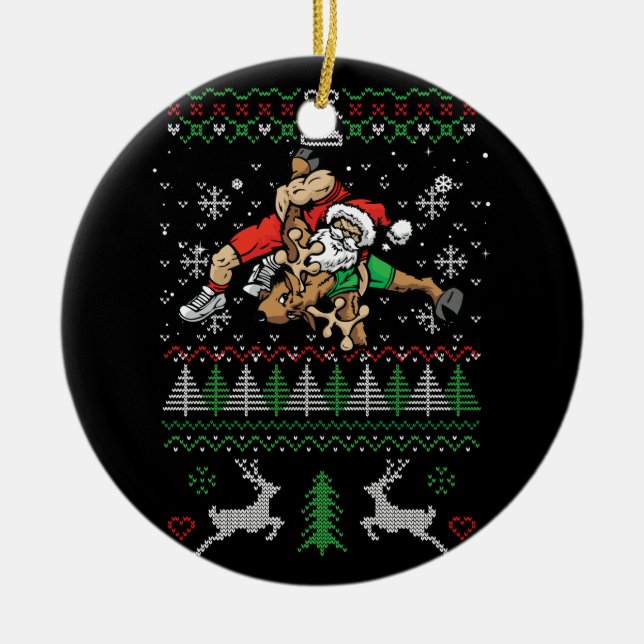 Wrestling Ugly Christmas Wrestler Santa Reindeer F Ceramic Ornament (Front)