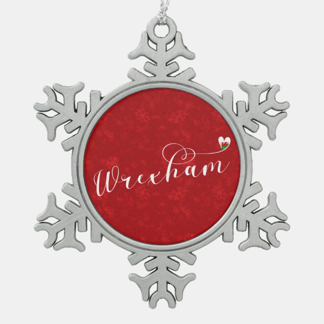 Wrexham Script Font, Welsh Flag In Heart Snowflake Pewter Christmas Ornament (Front)