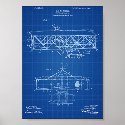 Wright Brothers Airplane Patent _ Blueprint Poster