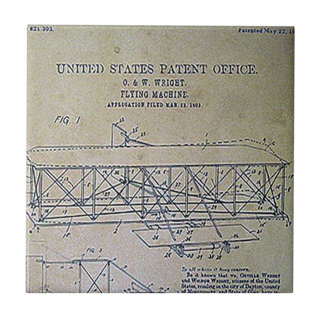 Wright Brothers Patent Design Ceramic Tile (Front)