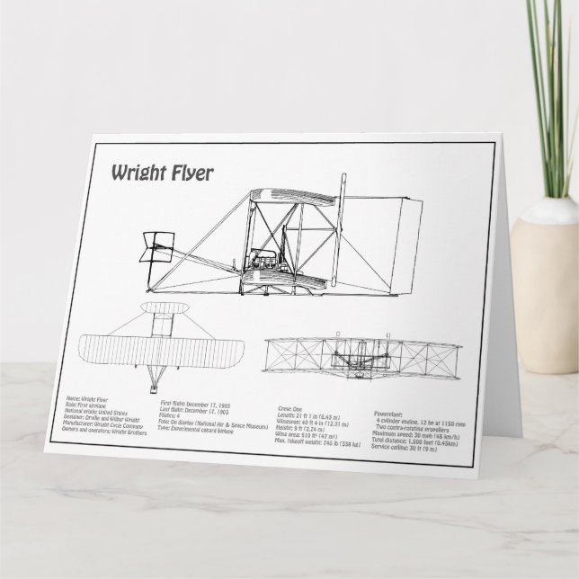 Wright Flyer- Airplane Blueprint Drawing Plans BD Letterpress Thank You Card (Front)