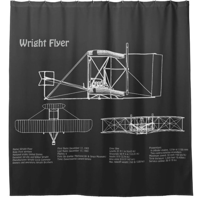 Wright Flyer- Airplane Blueprint Drawing Plans PD Shower Curtain (Front)