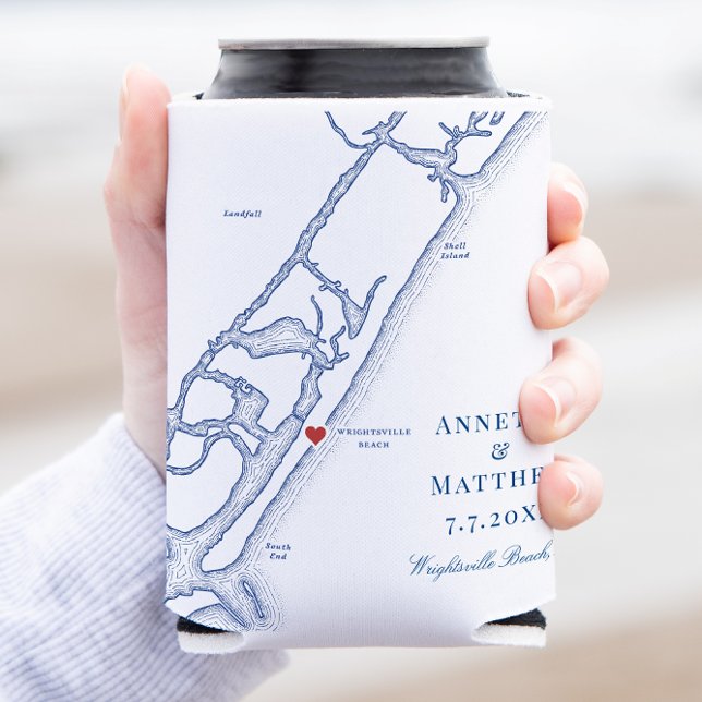 Wrightsville Beach Elegant Wedding Favor Can Cooler (Wrightsville Beach Wedding Favor Can Coozie with navy blue North Carolina Map by Coastal Map Designs)