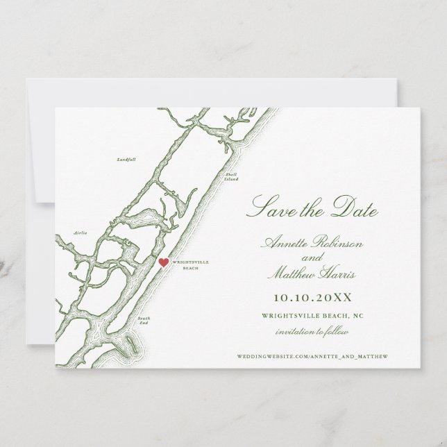 Wrightsville Beach NC Map Forest Green Wedding Save The Date (Front)