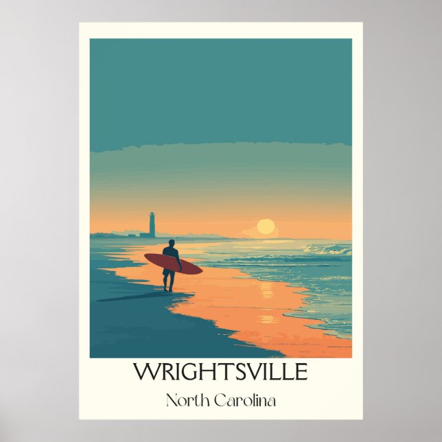 Wrightsville Beach NC Vintage Surfer Beach Sunset Poster (Front)