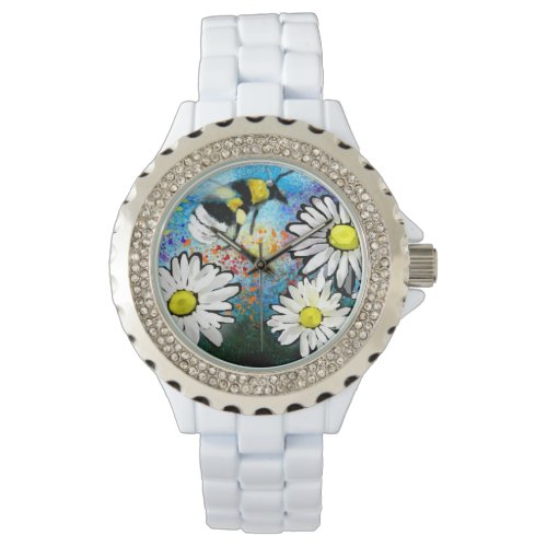 Wrist Watch _ Whimsical Bumble Bee  Daisies