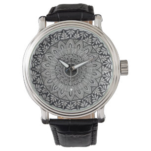 wrist watch with monochrome mandala art