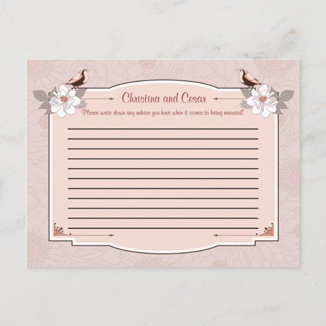 Writable Advice Card Pink/Brown Floral Love Birds (Front)