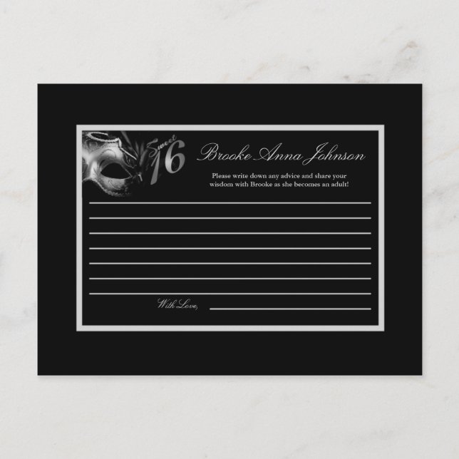 Writable Advice Card Sweet 16 Silver Black (Front)