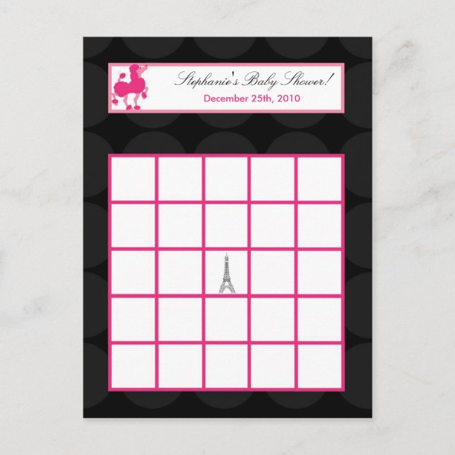 Writable Bingo Card Pink Poodle Paris Eiffel Tower (Front)
