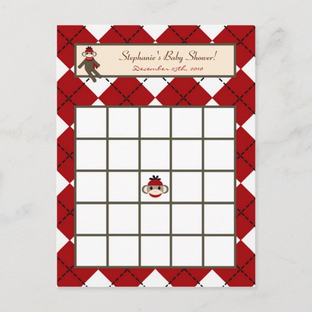 Writable Bingo Card Red Sock Monkey Argyle (Front)
