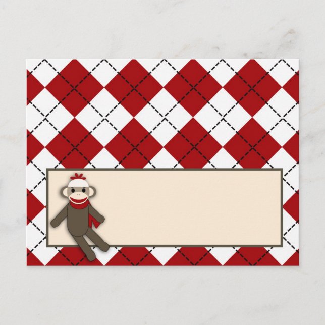 Writable Place Card Red Sock Monkey Argyle (Front)