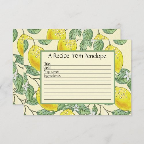 Write on Recipe Card Cute Lemons Pattern and Name 
