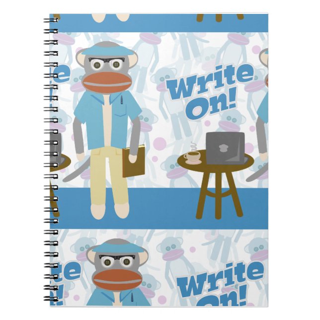 Write On! Writer Sock Monkey Fun Toon Pattern Art  Notebook (Front)